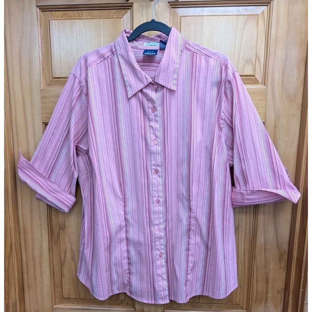 DCC Women 2X Shirt Striped Button-Down Front 3/4-Fold Up Cuff Sleeves Top